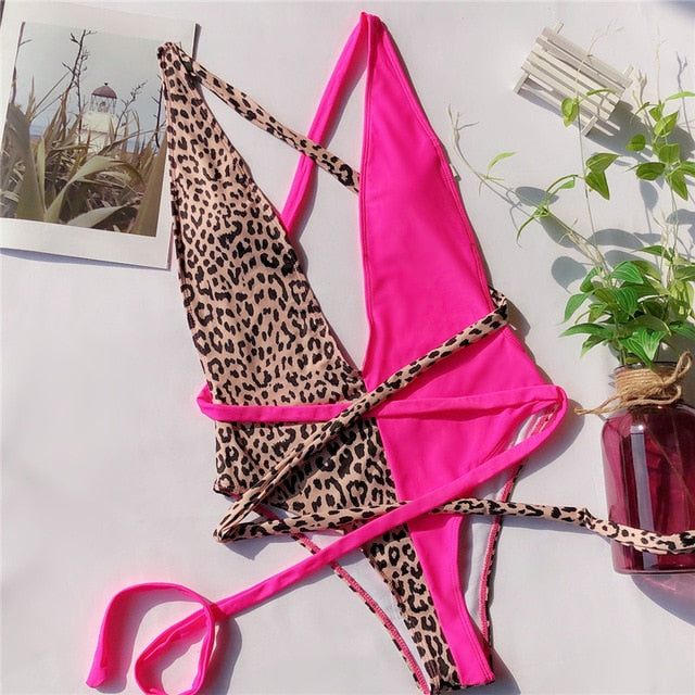 Peachtan Leopard print one piece swimsuit female Deep v-neck bikini Bandage bathing suit monokini swimwear women bathers