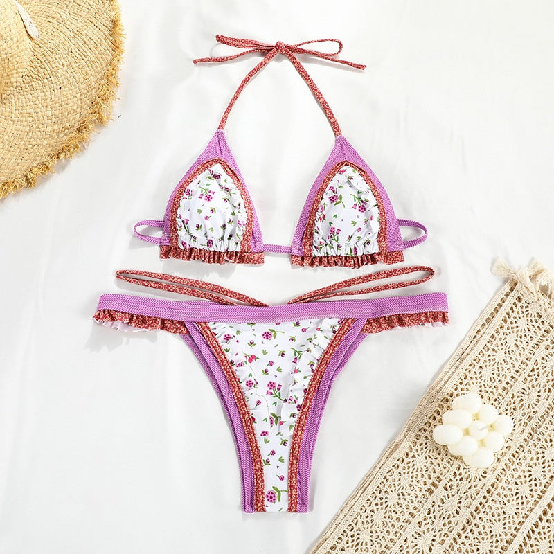 Cross-border Strap Separate Swimsuit Women's Sexy Splicing Backless Printed Bikini New Color
