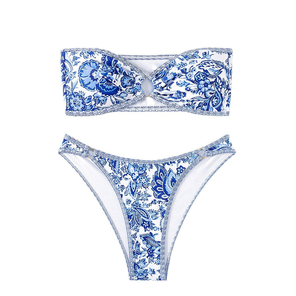 Bikini Blue and White Porcelain Print Tube Top Sexy Swimsuit for Women