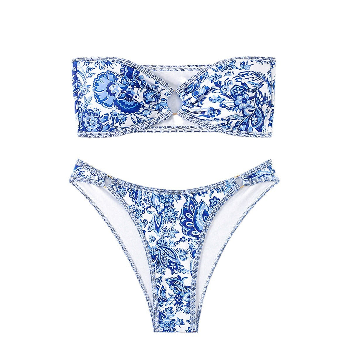 Bikini Blue and White Porcelain Print Tube Top Sexy Swimsuit for Women