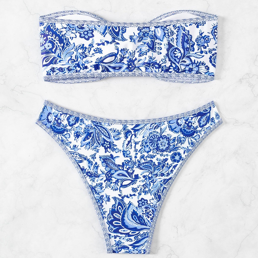 Bikini Blue and White Porcelain Print Tube Top Sexy Swimsuit for Women