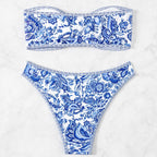 Bikini Blue and White Porcelain Print Tube Top Sexy Swimsuit for Women