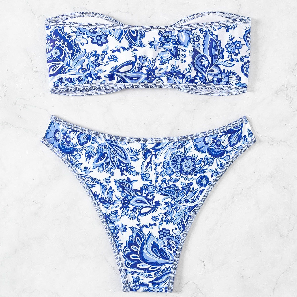 Bikini Blue and White Porcelain Print Tube Top Sexy Swimsuit for Women