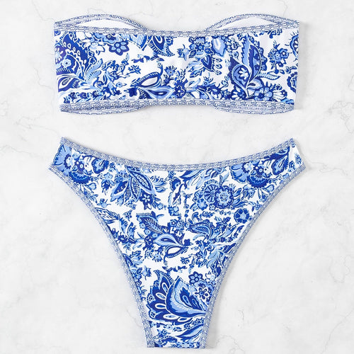 Bikini Blue and White Porcelain Print Tube Top Sexy Swimsuit for Women