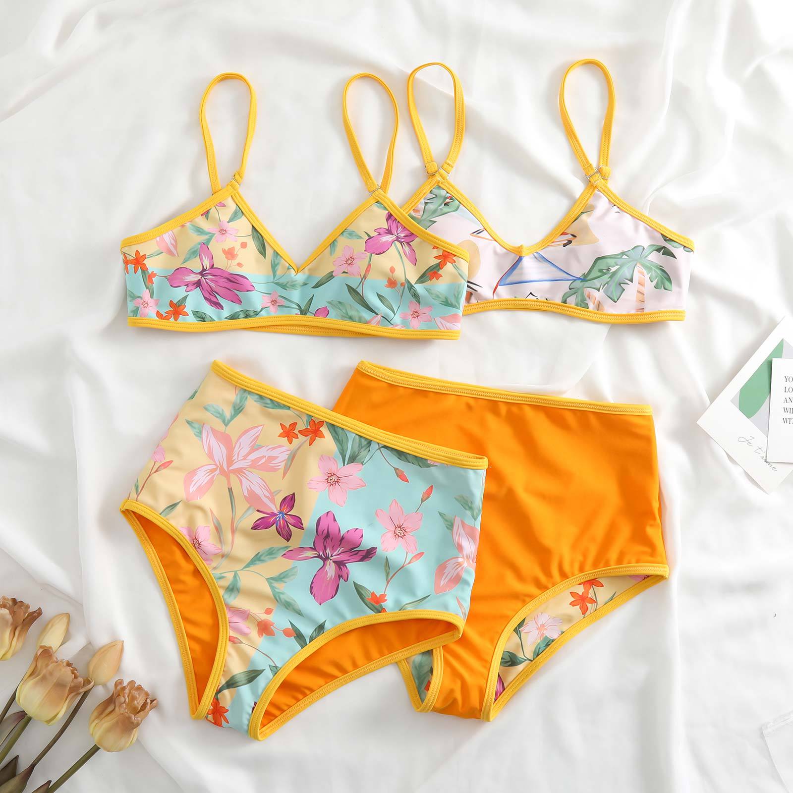 Vintage Bikini Double Sided Printed Mid Rise Swimwear for Women in Europe and America Bikini Mesh Long Dress