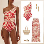 One Piece Swimsuit Women Retro Print Deep V Gorgeous Red and One-Piece Suit with Swimwear Cover-up with Skirt Beachwear Swimwear