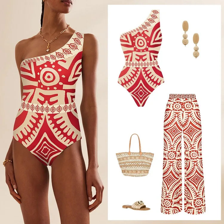 One Piece Swimsuit Women Retro Print Deep V Gorgeous Red and One-Piece Suit with Swimwear Cover-up with Skirt Beachwear Swimwear