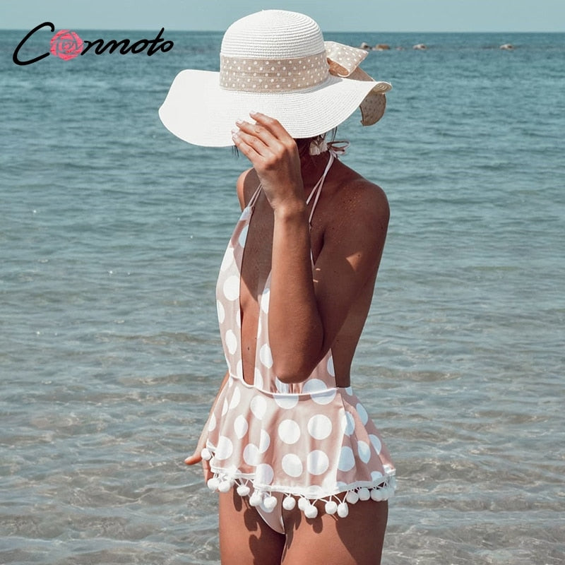 Conmoto Polka Dot Bikini Women 2019 Sexy Deep V Backless Swimsuit Print Tassel Lace up Skirt Beachwear Plus Size Bodysuit