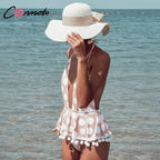 Conmoto Polka Dot Bikini Women 2019 Sexy Deep V Backless Swimsuit Print Tassel Lace up Skirt Beachwear Plus Size Bodysuit