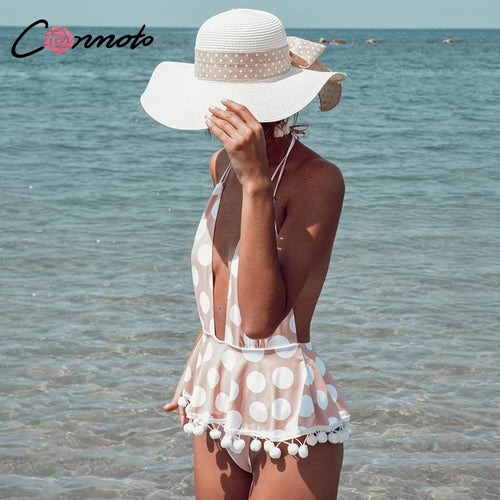 Conmoto Polka Dot Bikini Women 2019 Sexy Deep V Backless Swimsuit Print Tassel Lace up Skirt Beachwear Plus Size Bodysuit