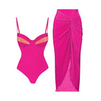 Fluorescent sexy one piece swimsuit wrapped skirt set for women