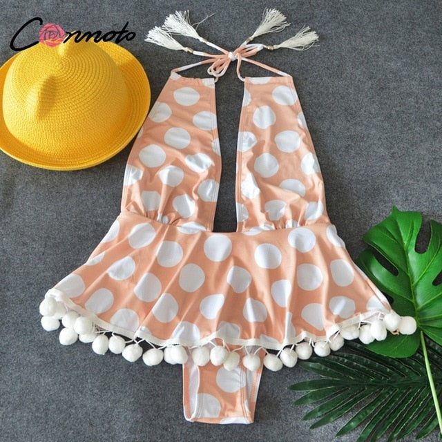 Conmoto Polka Dot Bikini Women 2019 Sexy Deep V Backless Swimsuit Print Tassel Lace up Skirt Beachwear Plus Size Bodysuit