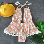 Conmoto Polka Dot Bikini Women 2019 Sexy Deep V Backless Swimsuit Print Tassel Lace up Skirt Beachwear Plus Size Bodysuit