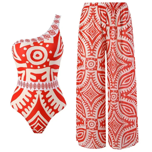 One Piece Swimsuit Women Retro Print Deep V Gorgeous Red and One-Piece Suit with Swimwear Cover-up with Skirt Beachwear Swimwear