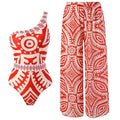 One Piece Swimsuit Women Retro Print Deep V Gorgeous Red and One-Piece Suit with Swimwear Cover-up with Skirt Beachwear Swimwear