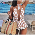 Conmoto Polka Dot Bikini Women 2019 Sexy Deep V Backless Swimsuit Print Tassel Lace up Skirt Beachwear Plus Size Bodysuit
